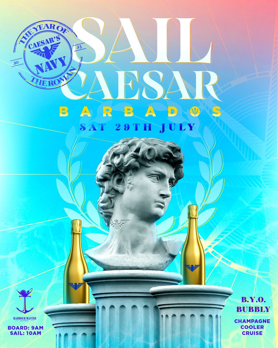 caesarsarmy's tweet photo. Kickstart the pump for Crop Over with Caesar’s Navy! 🥂🇧🇧✨

Come SAIL with CAESAR! ⚓️🛟⛴

🗓| Jul 29, 2023
🕰| Sail: Strictly 10AM
⛴| Harbour Master
🥂| Champagne Cooler Cruise 
🎟| Tickets available via https://t.co/HPFn2CsCpk

#CaesarsArmy
#YearOfTheRoman
#SailCaesar https://t.co/lNDqjMl5sV