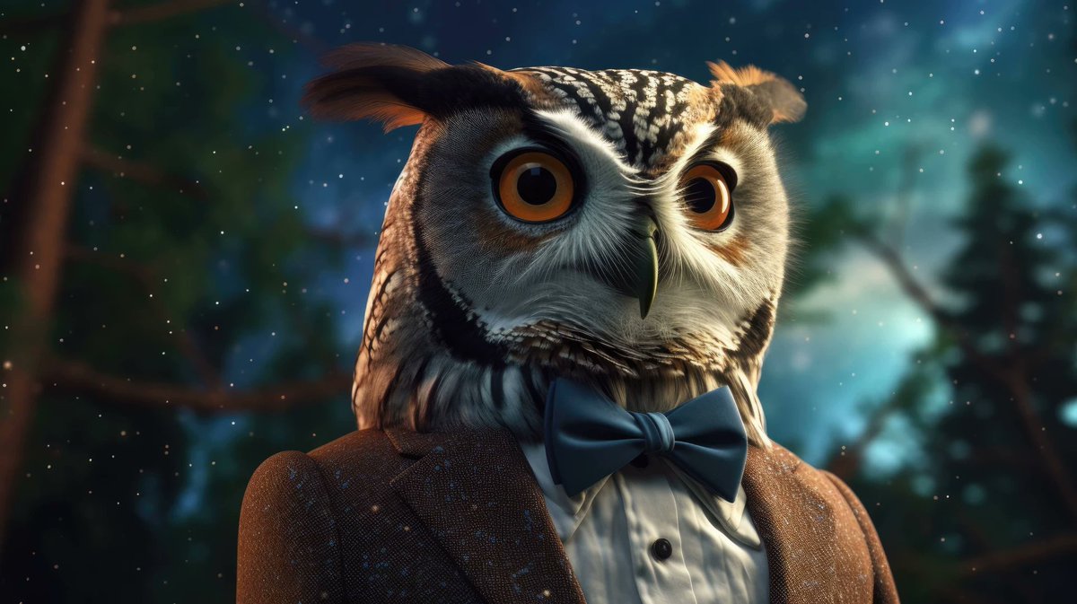 A 4K ultra hd wallpaper of a dapper owl in a sharp suit and a bowtie, perched on a branch against a starry night sky
 #Animal #Birdofprey #Owl #Bird #Screechowl #Outdoor #Wildlife
 Download links on the comments