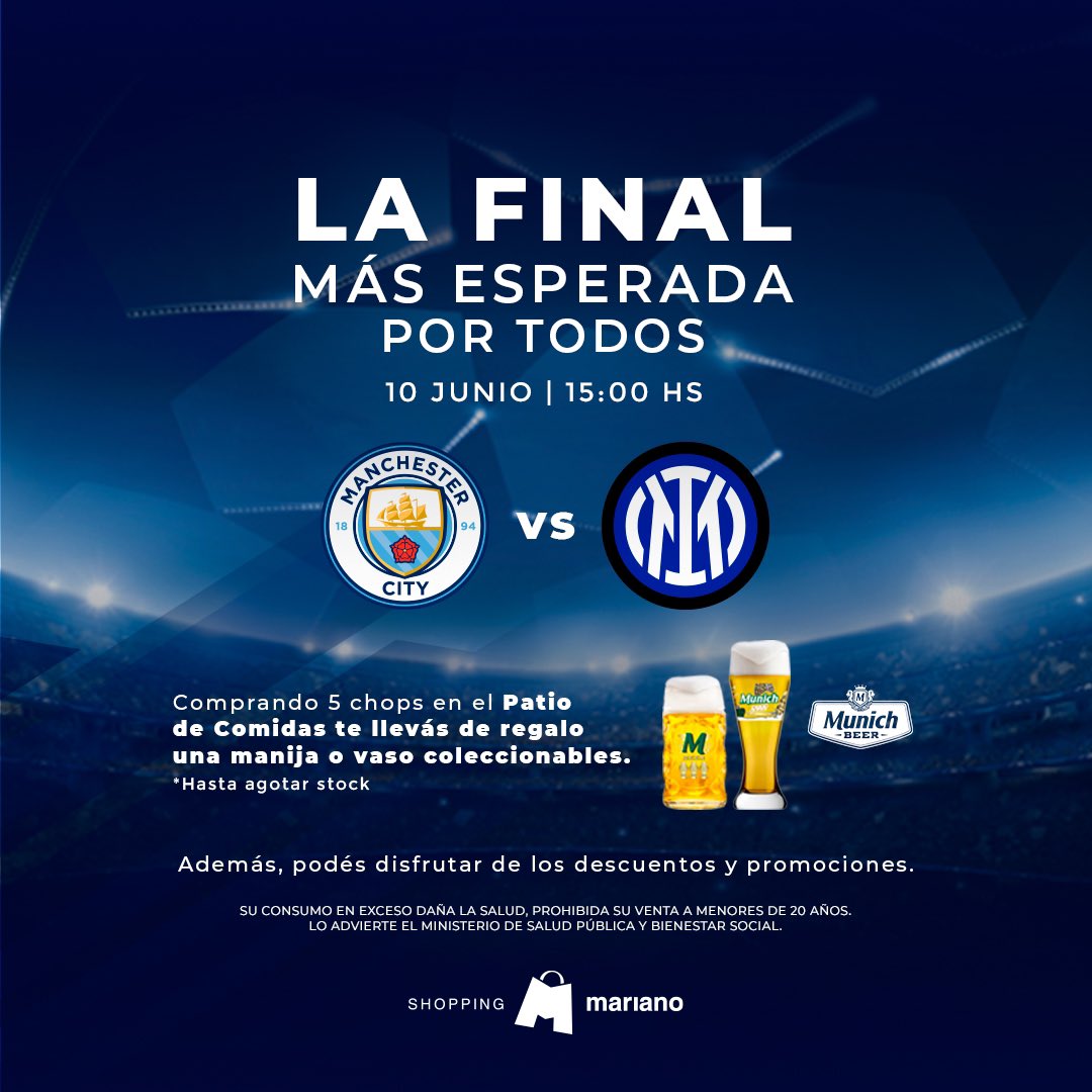 ¡La final más esperada en el Shopping Mariano! 🙌🏻 

Este sábado vení a disfrutar del mejor chopp y llévate una manija o vaso coleccionable  🍻

#ShoppingMariano