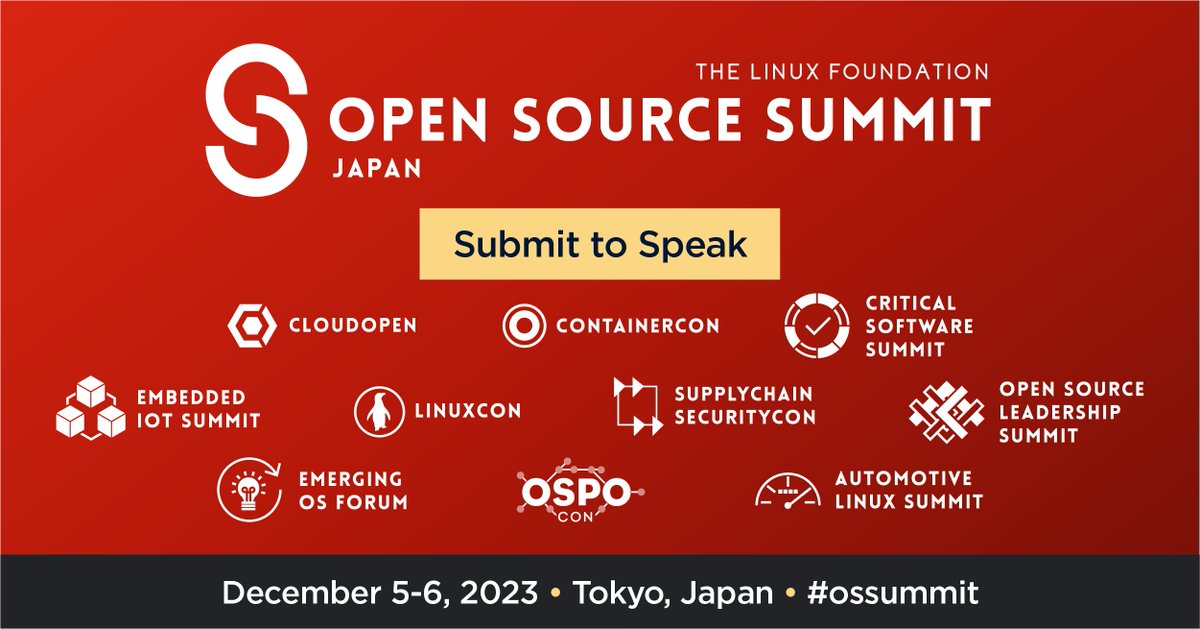 linuxfoundation's tweet image. 🎤🌟 Want to share your expertise with the global #OpenSource community? Submit a proposal to speak at Open Source Summit Japan on a range of topics including #automotive, #Linux, #security, #cloud, #containers, #OSPOs + much more. Submit by Sept 10! hubs.la/Q01SWxn00