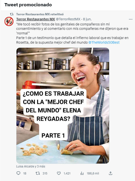ErnestoLen6's tweet photo. @TerrorRestMX Sr. carcajada: dígame ¿quién le paga por pegarle a la chef Elena Reygadas? 

Es para una tarea, me pidieron ver qué son los tweets promocinados. #Restaurantes #FakeNews https://t.co/tXJMTs1Y8Y