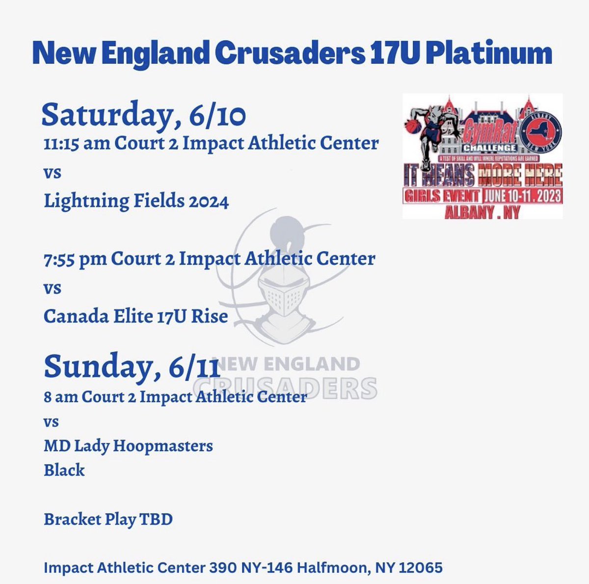 Kayla Goldrick (@goldrickkayla) on Twitter photo Here is my schedule for the GymRat Challenge tournament this weekend in Albany, NY! <a href="/necrusaders/">New England Crusaders</a> <a href="/ozonehoops/">O-Zone Basketball</a> <a href="/CoachSchollNCSA/">Nicole Scholl</a> <a href="/BashHoopsNE/">Bash Hudson</a> Here is my schedule for the GymRat Challenge tournament this weekend in Albany, NY! <a href="/necrusaders/">New England Crusaders</a> <a href="/ozonehoops/">O-Zone Basketball</a> <a href="/CoachSchollNCSA/">Nicole Scholl</a> <a href="/BashHoopsNE/">Bash Hudson</a>