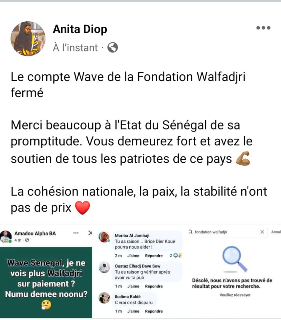 ecris_le_tien's tweet photo. On dirait que le compte de la fondation walfadjri sur wave a été retiré...?
#FreeSenegal https://t.co/Y2IO2QTyGF