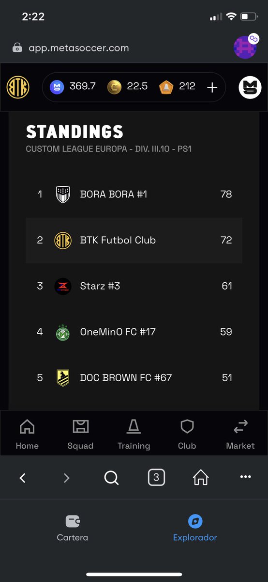 Logramos el ascenso a la segunda división de <a href="/MetaSoccer_EN/">MetaSoccer</a> .
Gran segundo lugar perdiendo solamente los dos partidos vs BoraBora.
Vamos ahora a competir por grandes premios en crypto 💪🏽💪🏽

#BTKFutbolClub