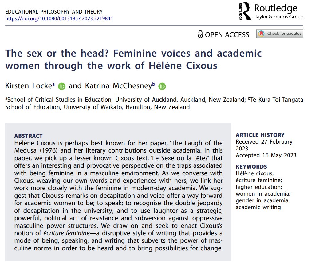 NEW PAPER: 'The sex or the head? Feminine voices and academic women through the work of Hélène Cixous' #OpenAccess in @EpatJournal - a deliciously fun and meaningful project with my fab friend Kirsten Locke.  doi.org/10.1080/001318…
#AcademicTwitter @wiasnofficial @OpenAcademics