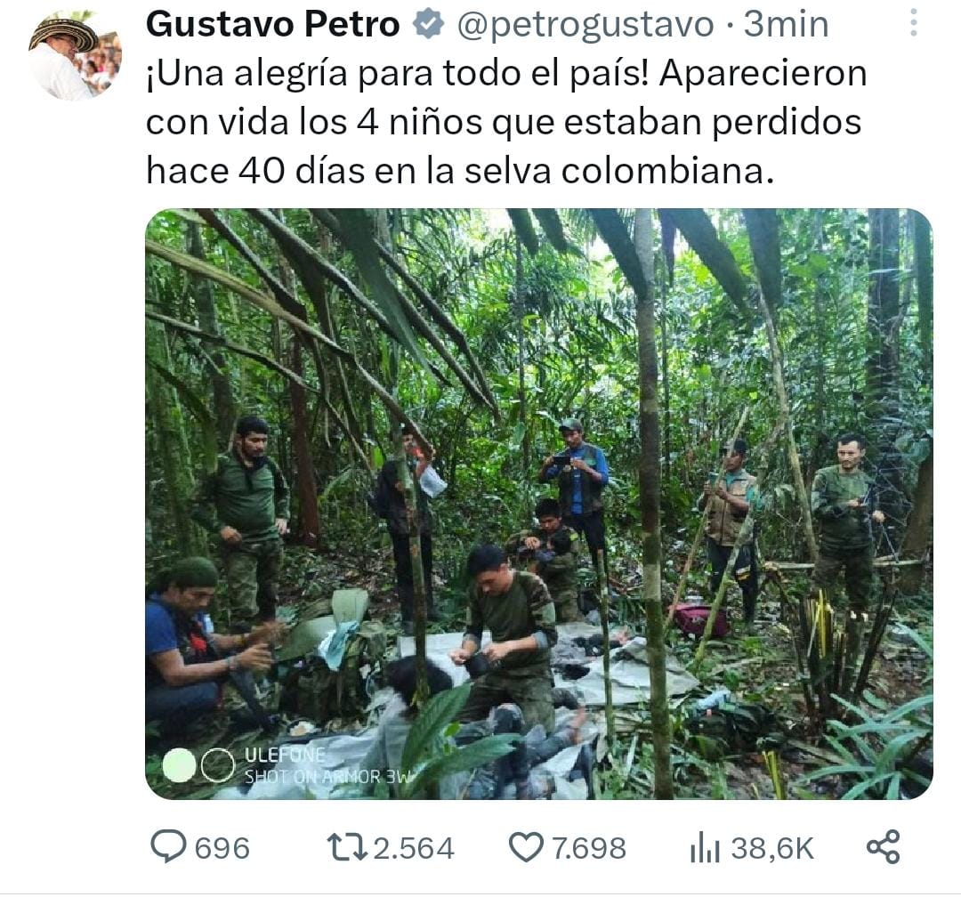 Rauldelgado58's tweet photo. Gran dia para Colombia. Acuerdo con el ELN y encontrados con vida  los 4  niños, en la profundidad de la selva, gracias a los comandos del ejécito y las comunidades indígenas. https://t.co/LcPrhTysb1