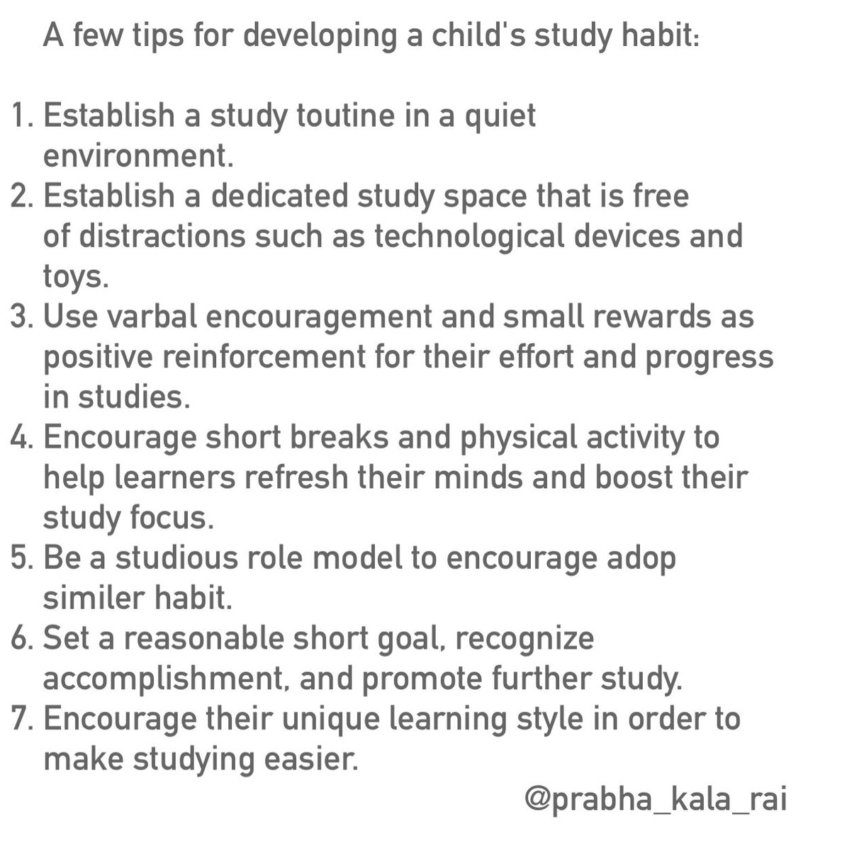 Prabha_Kala_Rai's tweet photo. A few tips for parents on developing the habit of studying in their children.
#goodparenting #ParentingTips #parentingskills #parentingguide #MotivationalQuotes #youngsters #InspirationalQuotes #parenting #learn_general #prabha_kala_rai #studyhabit #Students #studyenvironment https://t.co/jZdbQY2CBa