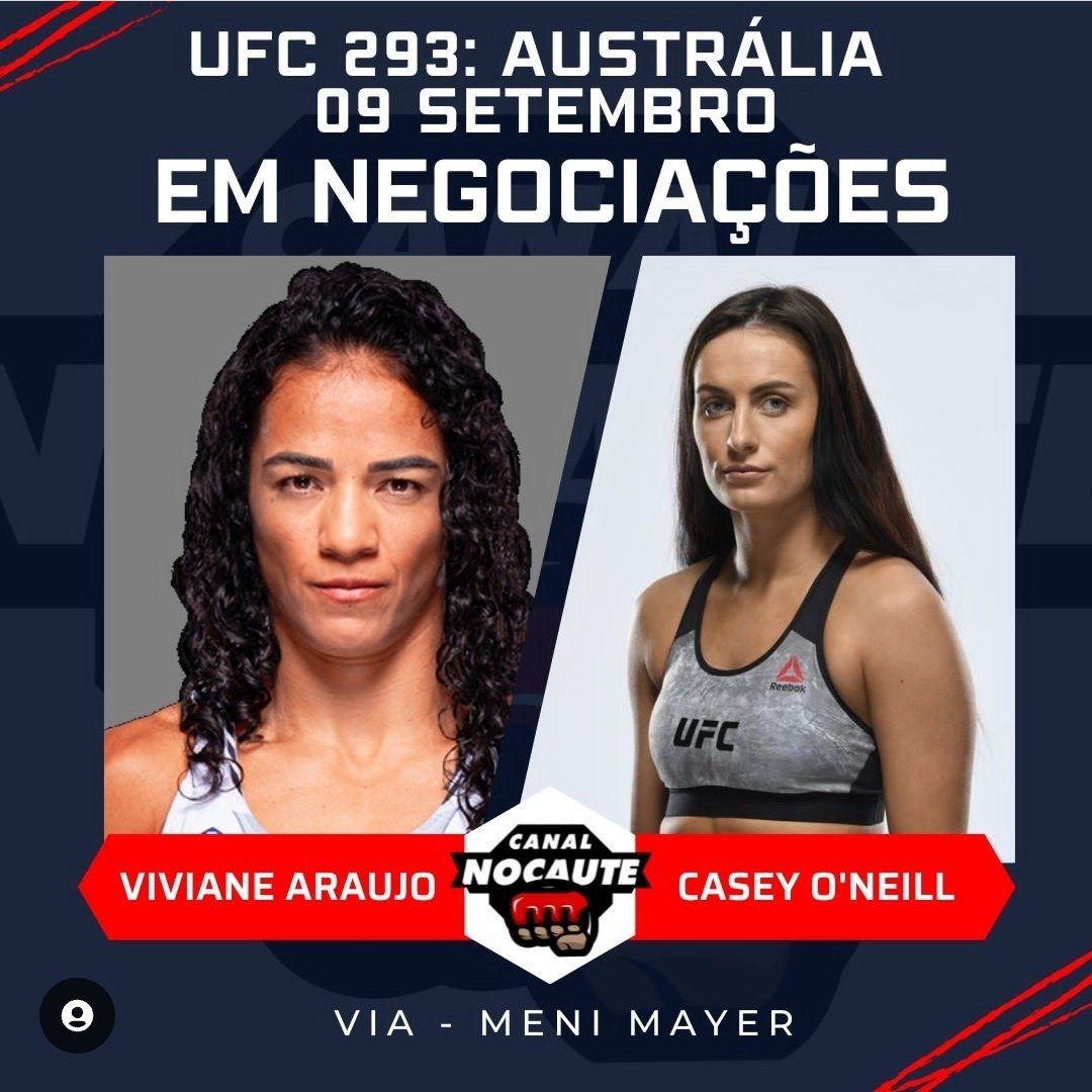 Zé Augusto (Canal Nocaute) (@canal_nocaute) on Twitter photo Viviane Araujo vs. Casey O’Neill , esta sendo negociada, para o UFC 292 na Austrália, segundo <a href="/MayerMeni/">Meni Mayer</a> e confirmado pelo site MMA Fighting, as duas já lutadoras tem acordo verbal para se enfrentar no dia 09 de setembro. Viviane Araujo vs. Casey O’Neill , esta sendo negociada, para o UFC 292 na Austrália, segundo <a href="/MayerMeni/">Meni Mayer</a> e confirmado pelo site MMA Fighting, as duas já lutadoras tem acordo verbal para se enfrentar no dia 09 de setembro.