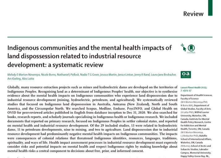 @ArnimScheidel @ICTA_UAB @gret_navas @EnvJustice @maru_walter @EleoFanari @AMRocktop @Brototi @Indiginerd @kylepowyswhyte @DANIELADELBENE3 Thanks for this great paper, Arnim. Lots of symmetry with our new study on mental health impacts of land dispossession due resource development thelancet.com/journals/lanpl…