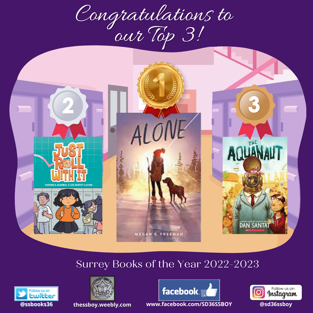 Another successful year of debates and discussion around 10 great nominees! Our top 3 are now in. With the most student votes.. Alone by @meganefreeman. 2nd is Just Roll with It by @anuanew & @DurfeyLee & 3rd is Aquanaut by @dsantat. #sd36tl #sd36learn