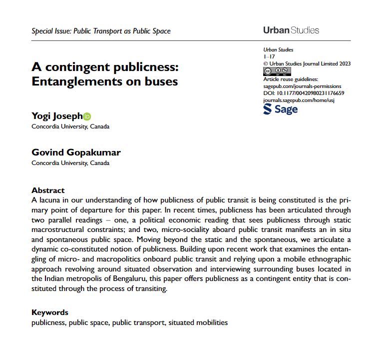 USJ_online's tweet photo. Yogi Joseph and Govind Gopakumar take the lacuna in our understanding of how #publicness of #PublicTransport is being constituted as the primary departure point for their new study on 'entanglements with buses' 
https://t.co/cSJiKrbtA8 https://t.co/zkiD7lrAto