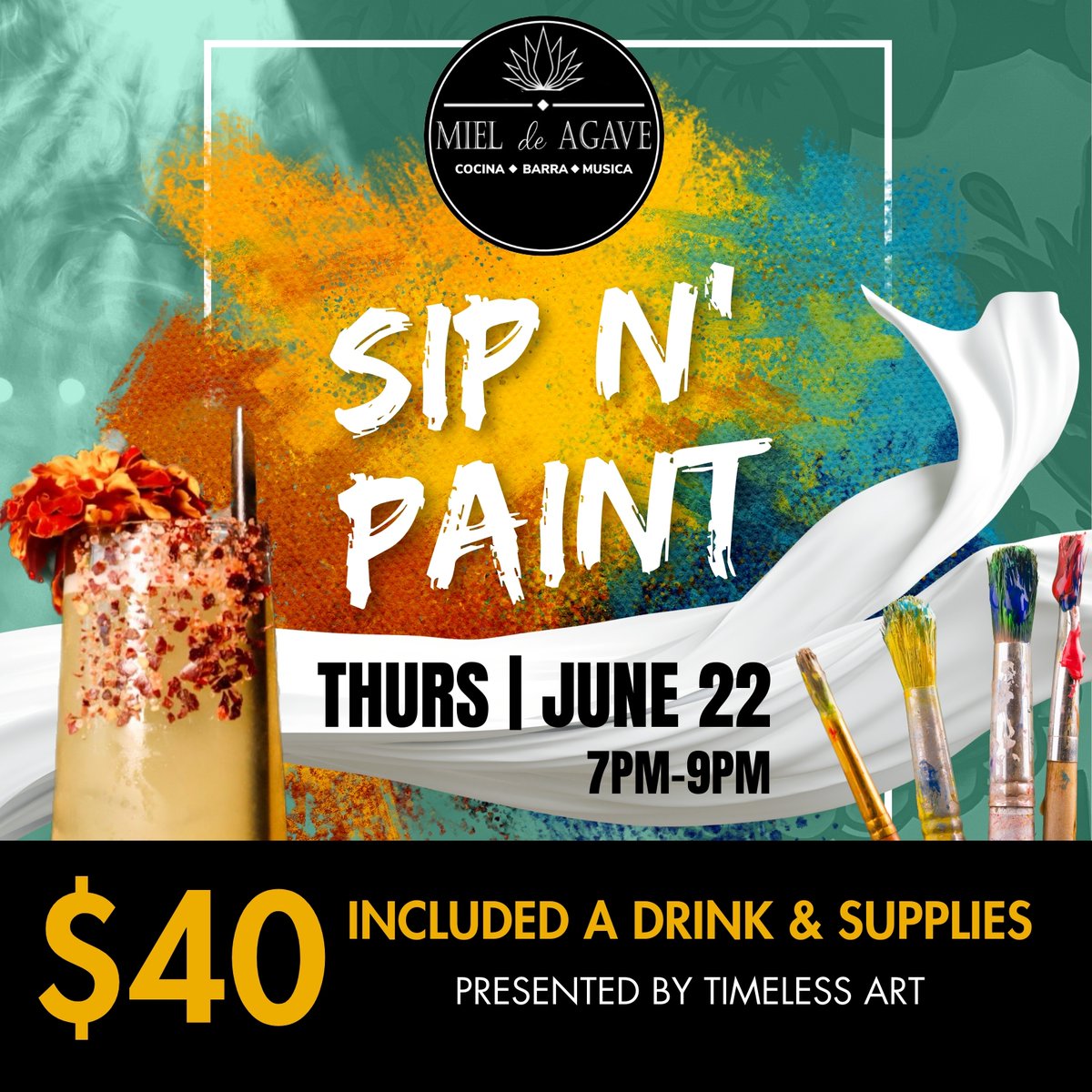 Mieldeagavephx's tweet photo. Got no plans? Don't "wine" about it just come on down for Get ready for SPI N' PAINT - Experience the vibrant SPI N' PAINT event at La Miel de Agave. Join artist Nayeli Mo for a summer-themed art session. Your ticket includes all materials and a ... https://t.co/6JK9G99Rrh