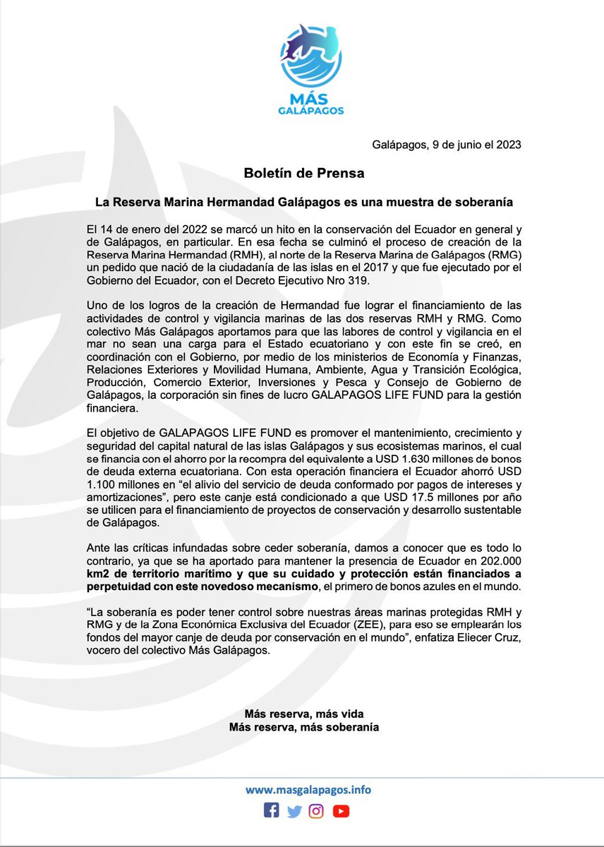 Mas_Galapagos's tweet photo. Ante publicaciones sobre una supuesta privatización de #Galápagos, informamos que tal insinuación es  absurda

Adjuntamos un boletín de prensa con información correcta sobre este proceso de Canje de Deuda por Naturaleza que solo genera beneficios para #Ecuador

#MasReservaMasVida https://t.co/M9N6fHKnmY