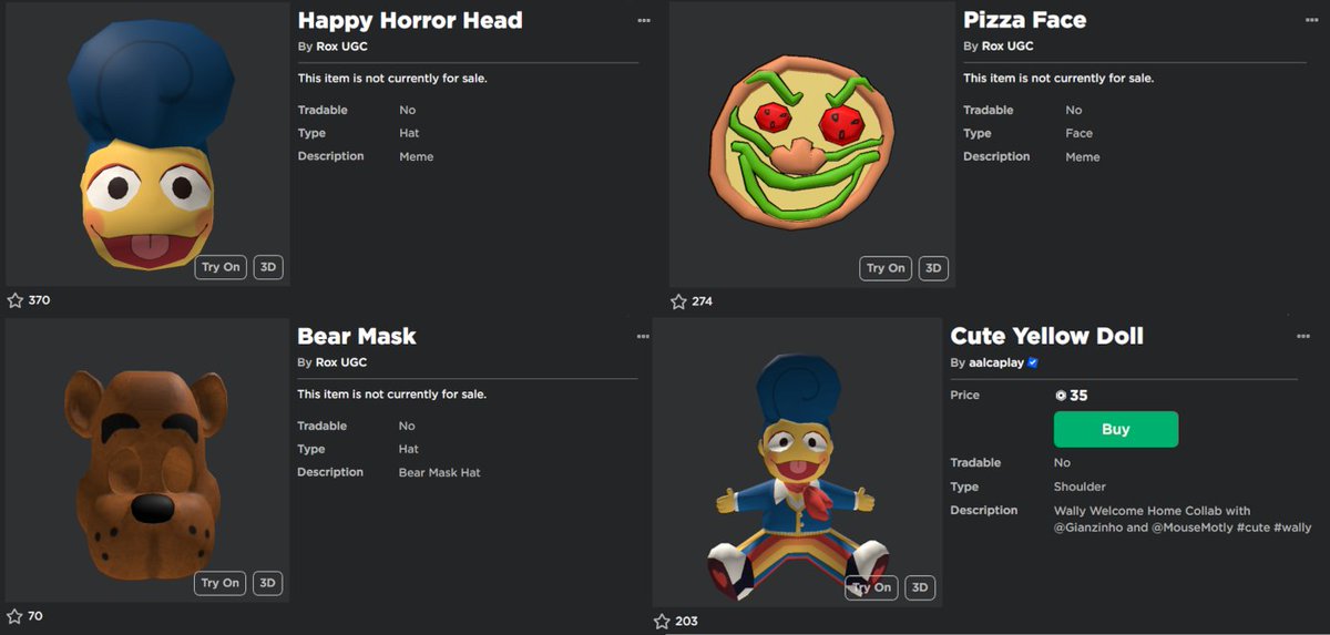 PeakUGC's tweet photo. UGC creators "RoxTrafford," "Iskayzinho," and "aalcaplay" have been taking models from Sketchfab and uploading them onto the catalog. The creator of the Wally Doll model only permitted use of the models if they're free. They're not, as you can see. #Roblox #RobloxUGC https://t.co/DN10VwcYBI