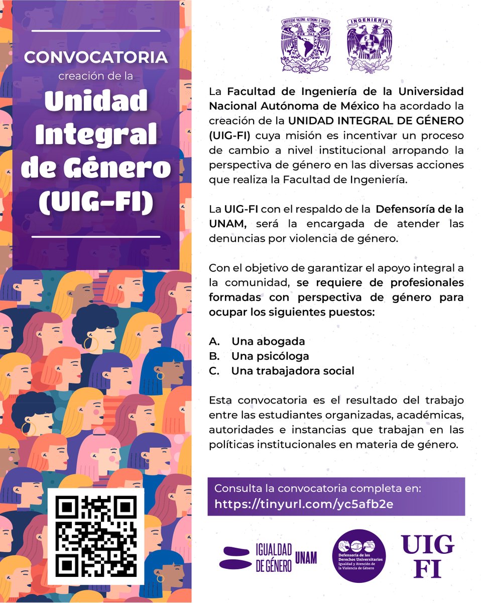 FIUNAM_MX's tweet photo. La Facultad de Ingeniería de la Universidad Nacional Autónoma de México ha acordado la creación de la UNIDAD INTEGRAL DE GÉNERO
Consulta la convocatoria para el personal con perspectiva de género que formará parte de la UIG-FI
#IgualdadenlaFI
https://t.co/pXKks5amJX https://t.co/rOcSquDQk1