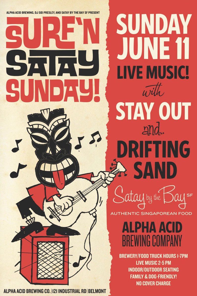 Catch Drifting Sand at Alpha Acid Brewing Company in Belmont for Surf N' Satay Sunday (6/11)--we play 2-3pm followed by East Bay punk band Stay Out! Catch a wave at driftingsand.com for more info! 😎 #driftingsand #surf #music #surfpop 🎸🎶🏄‍♂️