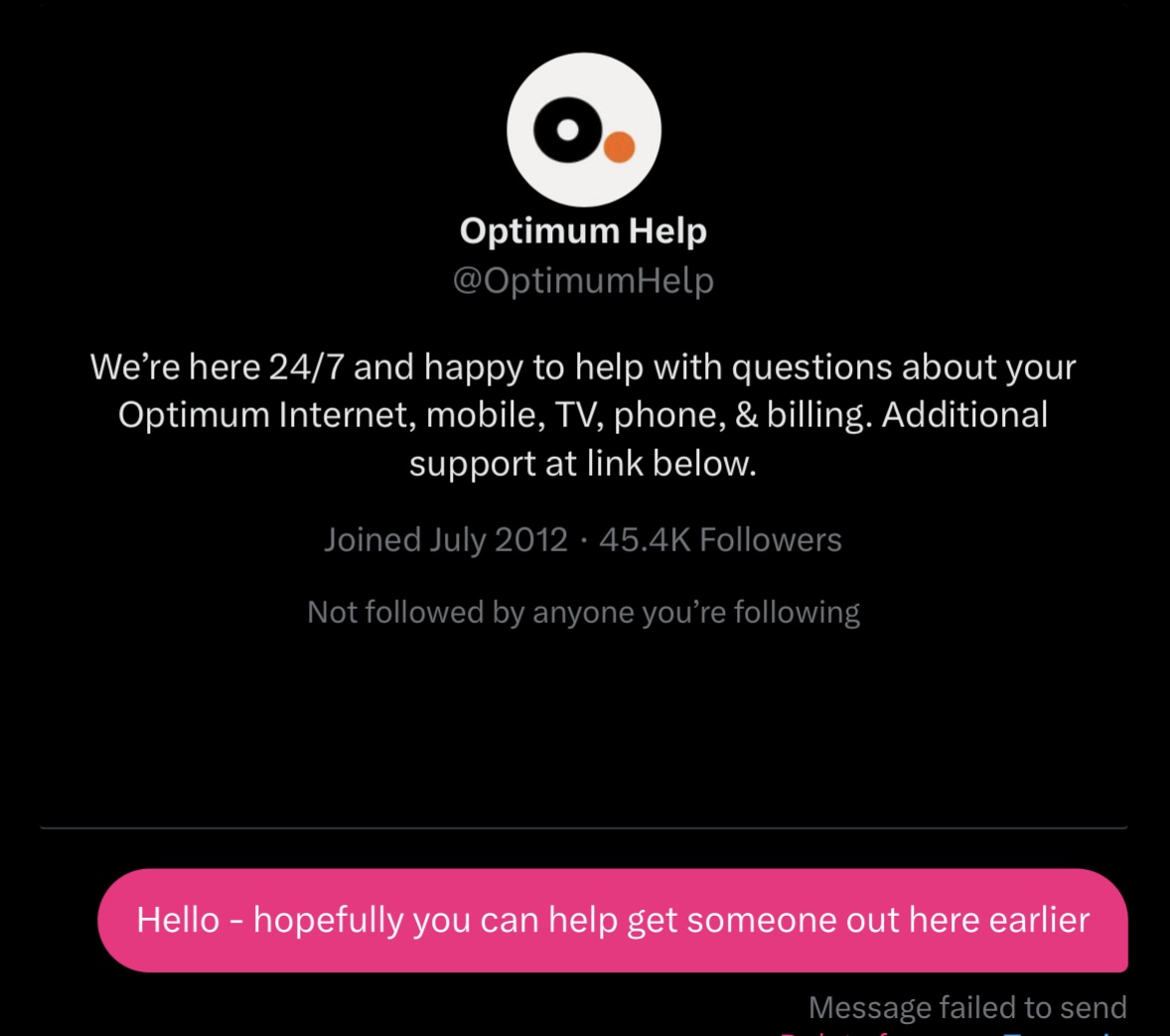 Shawn_Garland's tweet photo. @OptimumHelp I would love to but without internet my cell service is shit and won’t let me message you it seems. 😑😑 https://t.co/0YIDYGbiho