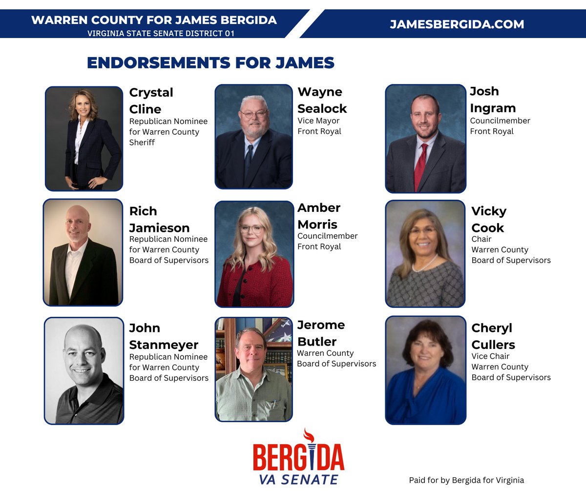 JamesBergidaVA's tweet photo. I am honored by the strong support from leaders in Warren County and Front Royal, in which I grew up. I look forward to working for communities like ours across Senate District 1. Thank you for your endorsements! More to come . . . https://t.co/13YtAmnT6M
