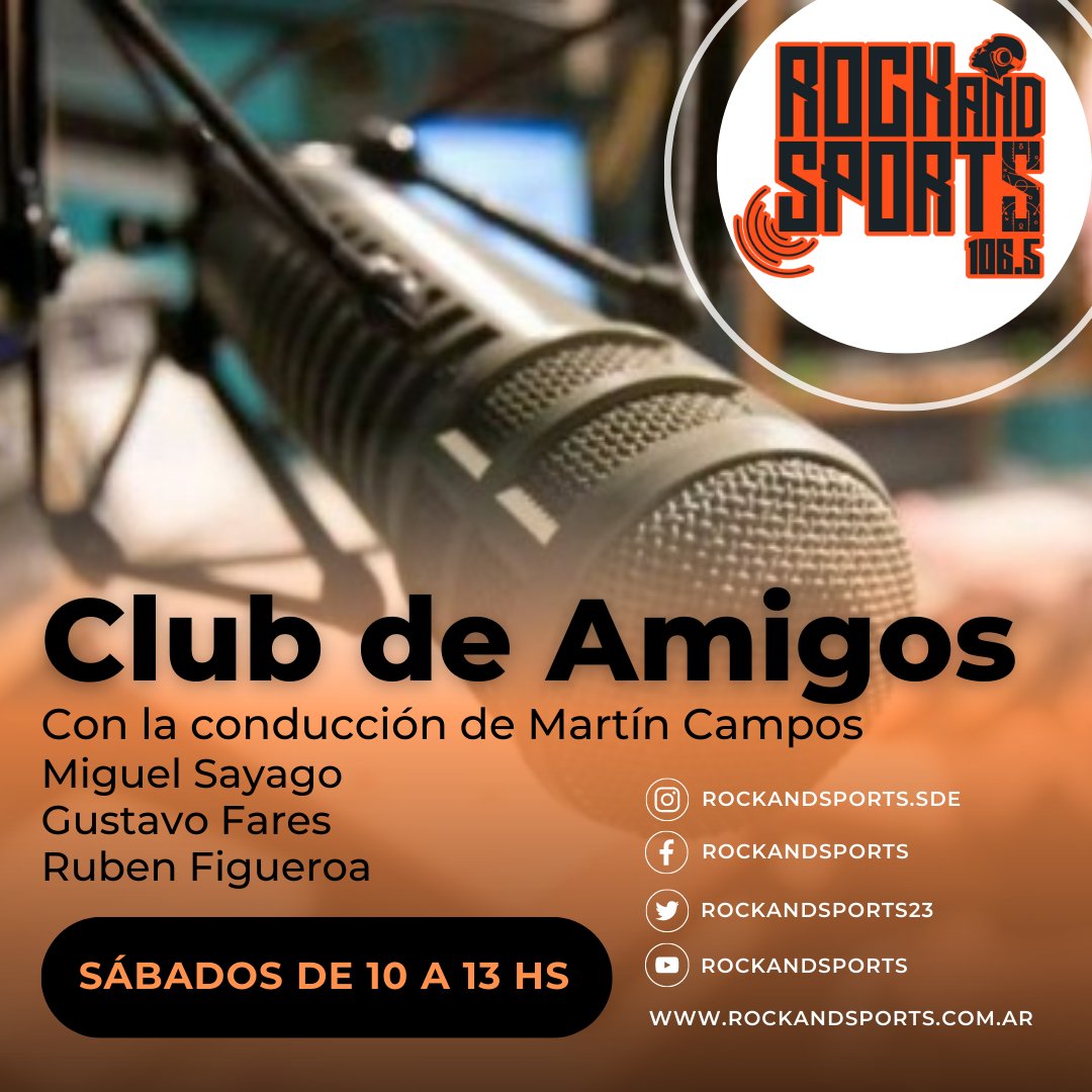 Club de Amigos, el programa de la Rock and Sports ⚽
Todos los sábados de 10 a 13 hs, con la conducción de Martín Campos y la participación de Miguel Sayago, Gustavo Fares y Rubén Figueroa.

#Clubdeamigos #Rockandsports