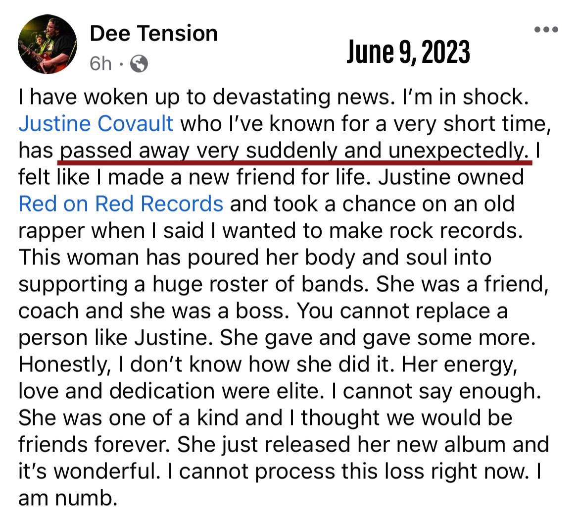 Justine Covault 💉🪦
#FullyVaccinated #DiedSuddenly
(June 2023) 🇺🇸 Massachusetts

“I have woken up to devastating news. I'm in shock. Justine Covault who I've known for a very short time, has passed away very suddenly and unexpectedly.”

CovidBC.me