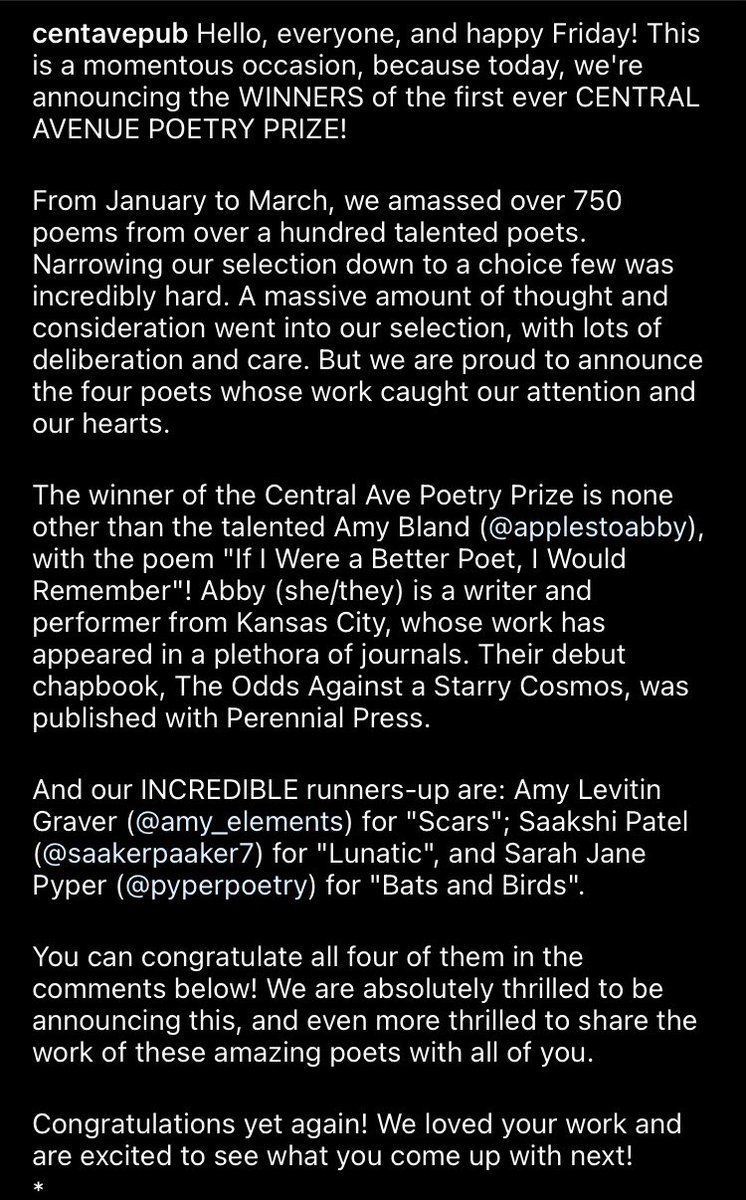 I've been awarded the Runner-Up position for the first ever Central Avenue Publishing Poetry Prize and I AM SO HAPPY! SO much gratitude🥲🤍