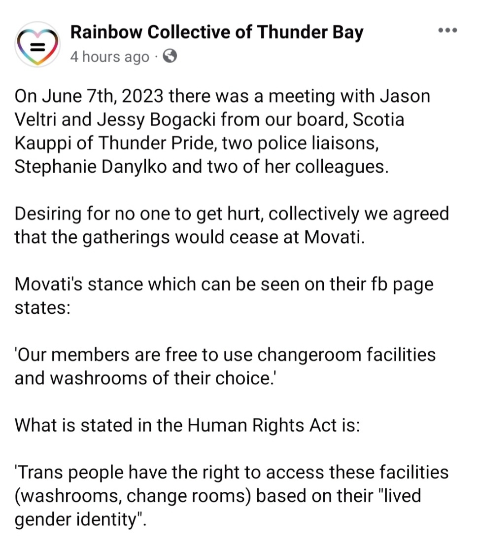 tachyondecay's tweet photo. So both of Thunder Bay's leading Pride organizations had a closed meeting with police and the organizer of "anti-woke" protests, then all parties jointly posted this message throwing the trans community of this city under the bus.

To say I'm disappointed is an understatement. https://t.co/zvXCT8rOde