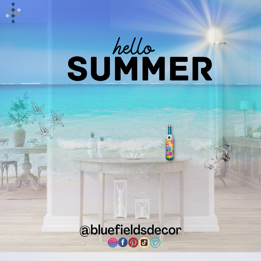 Summer has arrived with a splash! ☀️🌊 Our living space is transformed into a beach haven, featuring an upcycled decorative bottle that catches the eye. 🏖️💙 #HelloSummer #BeachVibes #UpcycledDecor #CoastalLiving