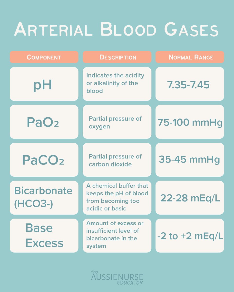 🌡️📊 Dive into the essentials of ABG analysis 👀

👉🏼 Check out the key components and their normal ranges.

.

.

.

.

#ABG
#NursingSkills
#AussieNurseEducator
#CriticalCareNursing
#PatientCare
#NursingEducation
#AcuteCare
#AnaesthesiaCare
#NursingStudent
#NurseEducator