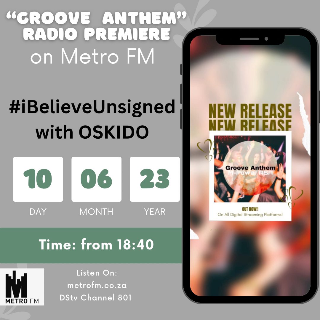 MaxNoteMedia's tweet photo. @MPowerRSA's single "Groove Anthem" gets its very first radio airplay on the mighty @METROFMSA. Listen to #iBelieveUnsigned hosted by @OskidoIBelieve at 18H40.
Read more: https://t.co/60UBcDHCRI
#housemusic #deephouse #metrofm https://t.co/e9veMYgWrn