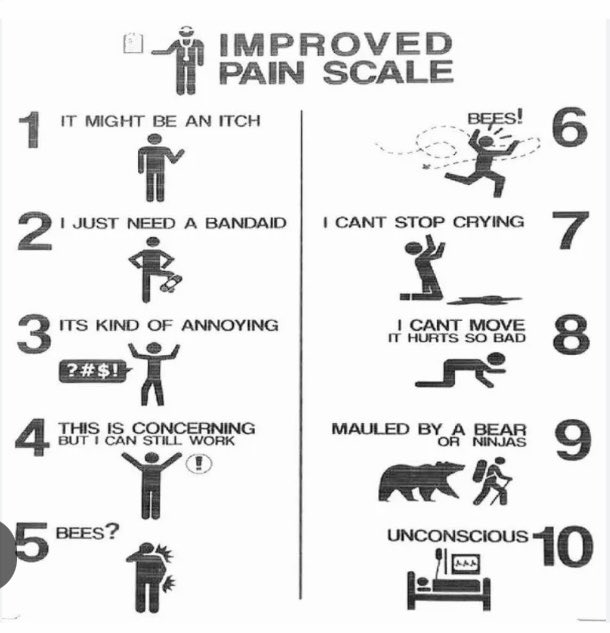 #HipReplacement My surgery day is this coming Wednesday. This is my new pain scale for next time someone asks me to rate my pain 1-10.