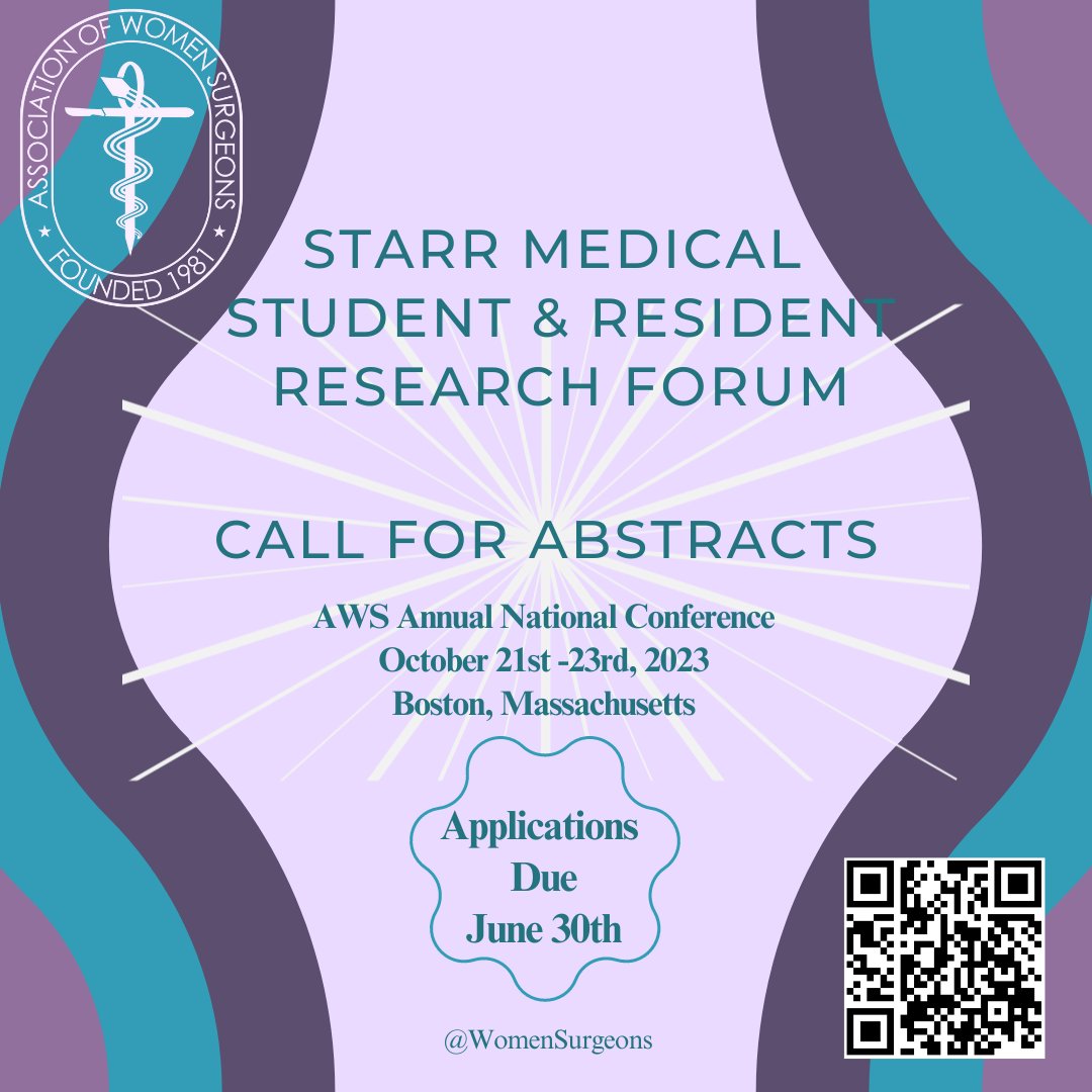 Calling all Medical students, Residents, &amp; Fellows!

You're invited to submit up to 2 abstracts:
womensurg.memberclicks.net/aws-starr-rese…

Abstracts are due June 30th ✨
All submissions will be considered for presentation at the 2023 AWS Annual Conference in Boston in October!