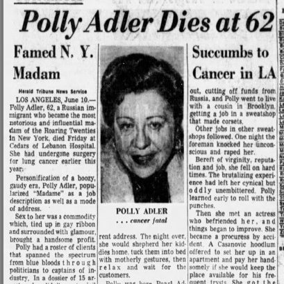 Debby_Applegate's tweet photo. #OTD at 4:25am in 1962 #Madam #PollyAdler dies of lung cancer at Cedars of Lebanon Hospital (now @CedarsSinai) "the hospital of the stars," attended by noted “chest surgeon” Dr. Alfred Goldman. https://t.co/fpnPhmn7Eh