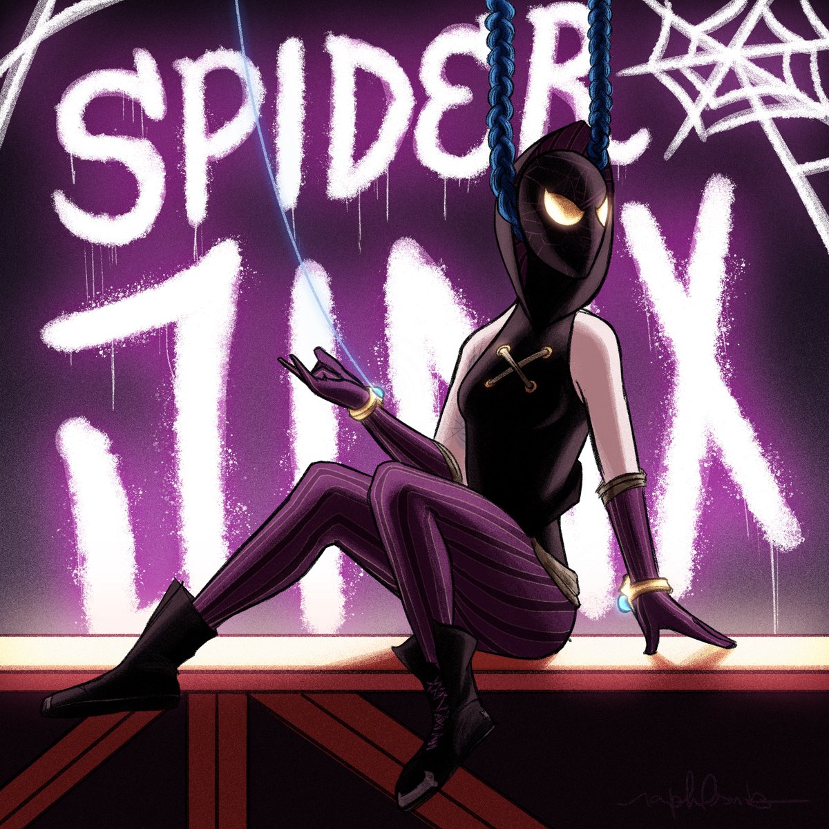raphlsnts's tweet photo. Challenge Accepted: Spider-Jinx, and her Hextec Web-shooters.
(Two versions because I didn't like my graffiti).
#LeagueOfLegends #LeagueOfLegendsFanArt #MeNotaLoL #SpiderVerse #SpiderManAcrossTheSpiderVerse #Jinx https://t.co/AXCmzrrA4G