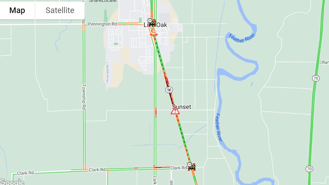CaltransDist3's tweet image. Serious injury crash is blocking all lanes of State Route 99 at Paseo Road in Live Oak, @CountyofSutter. County road detours are available. @ChpYuba