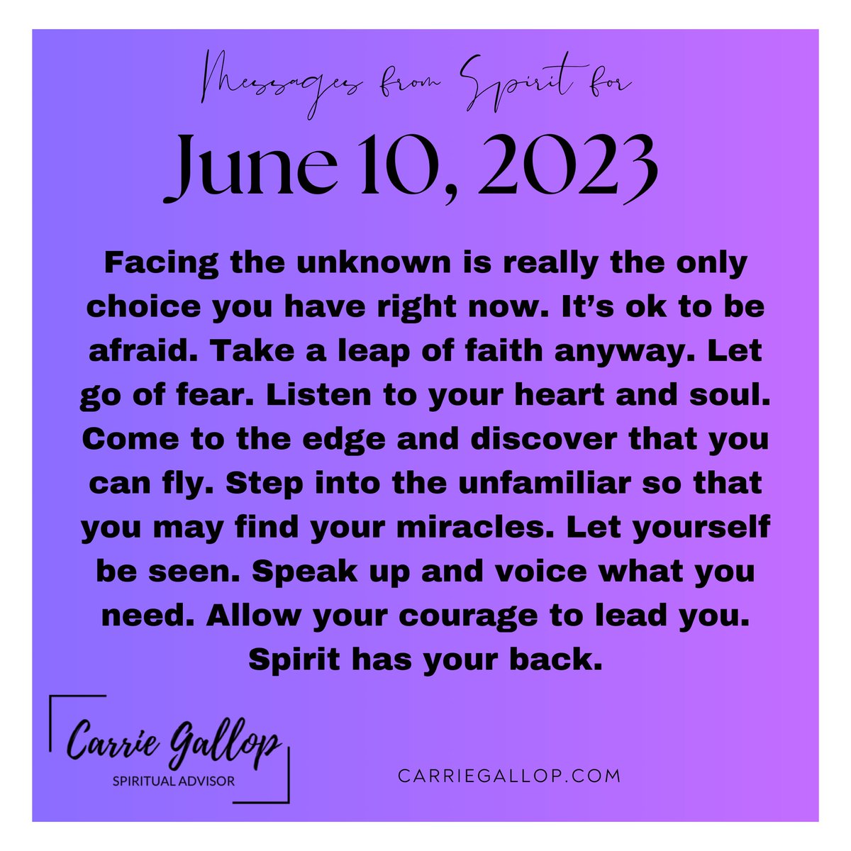 Messages From Spirit for June 10, 2023 ✨

#Daily #Guidance #Message #MessagesFromSpirit #June10 #FaceTheUnknown #ItsOkToBeAfraid #TakeALeapOfFaith #LetGoOfFear #ListenToYourHeart #Soul #ComeToTheEdge #Discover #YouCanFly #Unfamiliar #Find #Miracles #BeSeen #SpeakUp