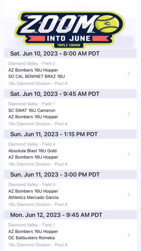 Zoom into June! I am excited to be playing w/the AZ Bombers Hopper team! 18U Diamond Division games will at the Diamond Valley Fields in Hemet, CA. @TCSFastpitch