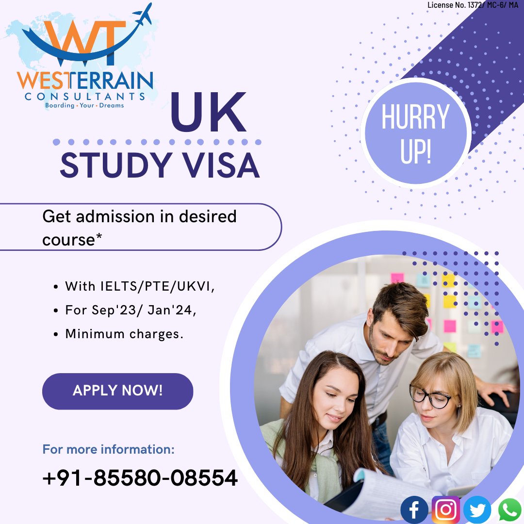 Apply for #UK🇬🇧 #studyvisa 

#visa #studyinuk #London #Birmingham #Coventry #Manchestor #wales #Scotland 

*For sept' 23,
*Min. charges.

For more information contact us at 
0181-3500157
+91-85580-08554 through #Call or 
#Whatsapp.

#WESTERRAIN CONSULTANTS
#JALANDHAR