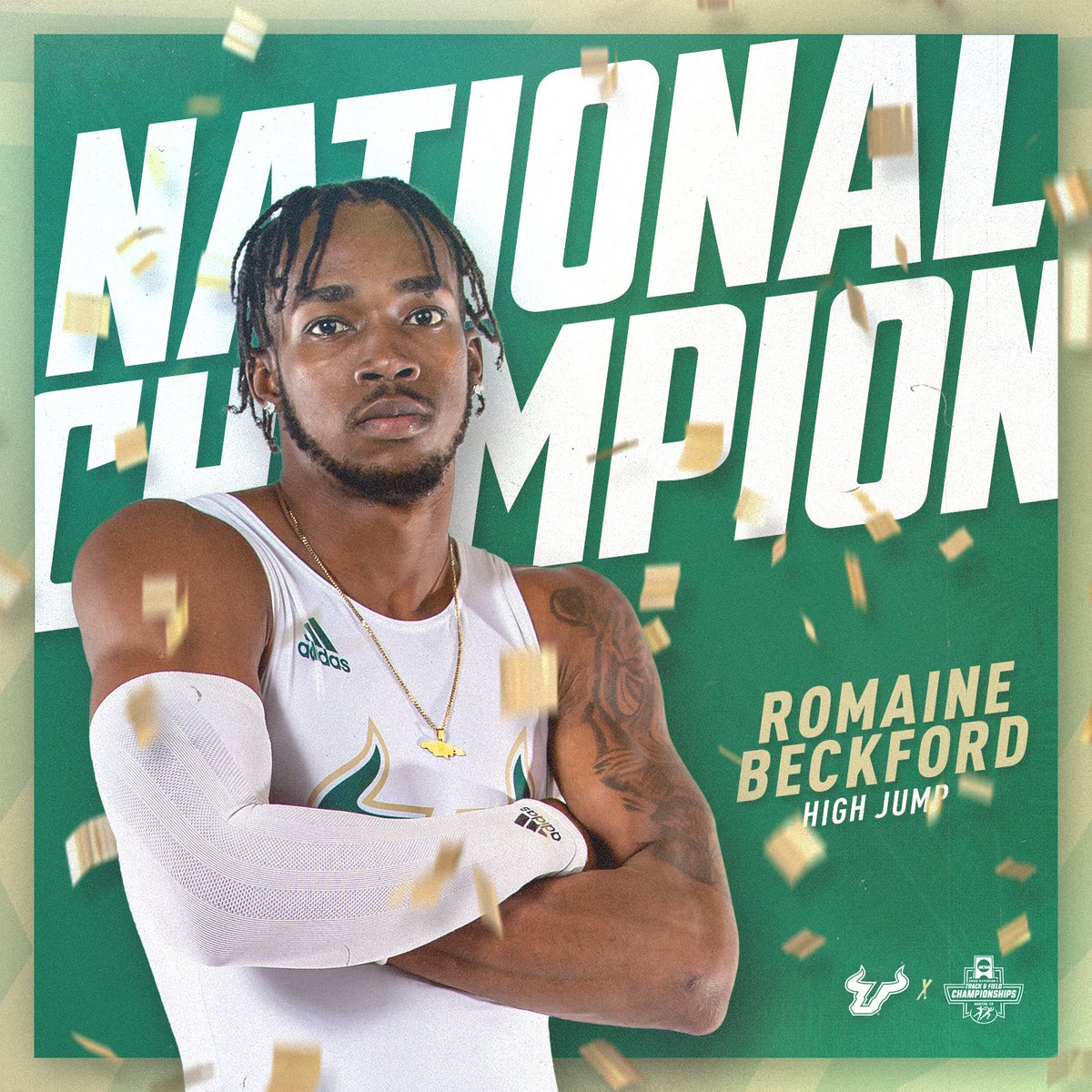 🏆 𝐍𝐀𝐓𝐈𝐎𝐍𝐀𝐋. 𝐂𝐇𝐀𝐌𝐏𝐈𝐎𝐍. 🏆

Romaine Beckford is the men's high jump national champion with a new program record leap of 2.27m (7-5.25)‼️‼️😎

#HornsUp🤘 | #NCAATF