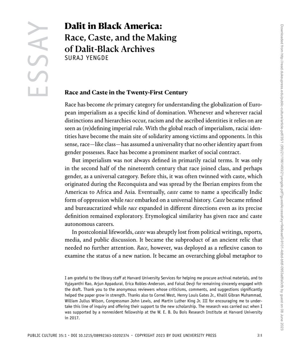 surajyengde (@surajyengde) on Twitter photo “Dalit in Black America
Race, Caste, and the Making of Dalit-Black Archives” is out.
<a href="/PubCultJournal/">Public Culture</a>
credits to <a href="/vyjayanthirao/">Vyjayanthi Rao</a> <a href="/faisaldevji/">faisal devji</a> <a href="/fstflofscholars/">Erica Robles Anderson</a> <a href="/ArjunAppadurai/">Arjun Appadurai</a> <a href="/CornelWest/">Cornel West</a> <a href="/HenryLouisGates/">Henry Louis Gates Jr</a> @KhalilGMuhammad
link: read.dukeupress.edu/public-culture… “Dalit in Black America
Race, Caste, and the Making of Dalit-Black Archives” is out.
<a href="/PubCultJournal/">Public Culture</a>
credits to <a href="/vyjayanthirao/">Vyjayanthi Rao</a> <a href="/faisaldevji/">faisal devji</a> <a href="/fstflofscholars/">Erica Robles Anderson</a> <a href="/ArjunAppadurai/">Arjun Appadurai</a> <a href="/CornelWest/">Cornel West</a> <a href="/HenryLouisGates/">Henry Louis Gates Jr</a> @KhalilGMuhammad
link: read.dukeupress.edu/public-culture…