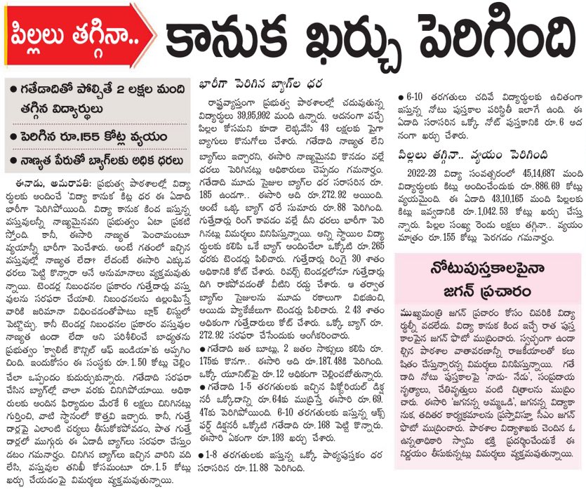 TDPNextGen's tweet photo. దోచుకో, దాచుకో, పంచుకో ఇది వైసీపీ తీరు.
ప్రభుత్వ పాఠశాలల్లో విద్యార్థులు లక్షల సంఖ్యలో తగ్గుతున్నారు కానీ విద్యార్థులకు కానుక పేరుతో ఖర్చు మాత్రం తగ్గడం లేదు వైసీపీ నాయకులు అడ్డగోలుగా బ్యాగుల దోచుకోడానికి ధరలు పెంచుతున్నారు.
#YCPLootingAndhra
#YSJaganFailedCM
#PsychoJagan
#PsychoPovaliCycleRavali
#ByeByeJaganIn2024
#JaganLosingIn2024
#JaganPaniAyipoyindhi
#AndhraPradesh