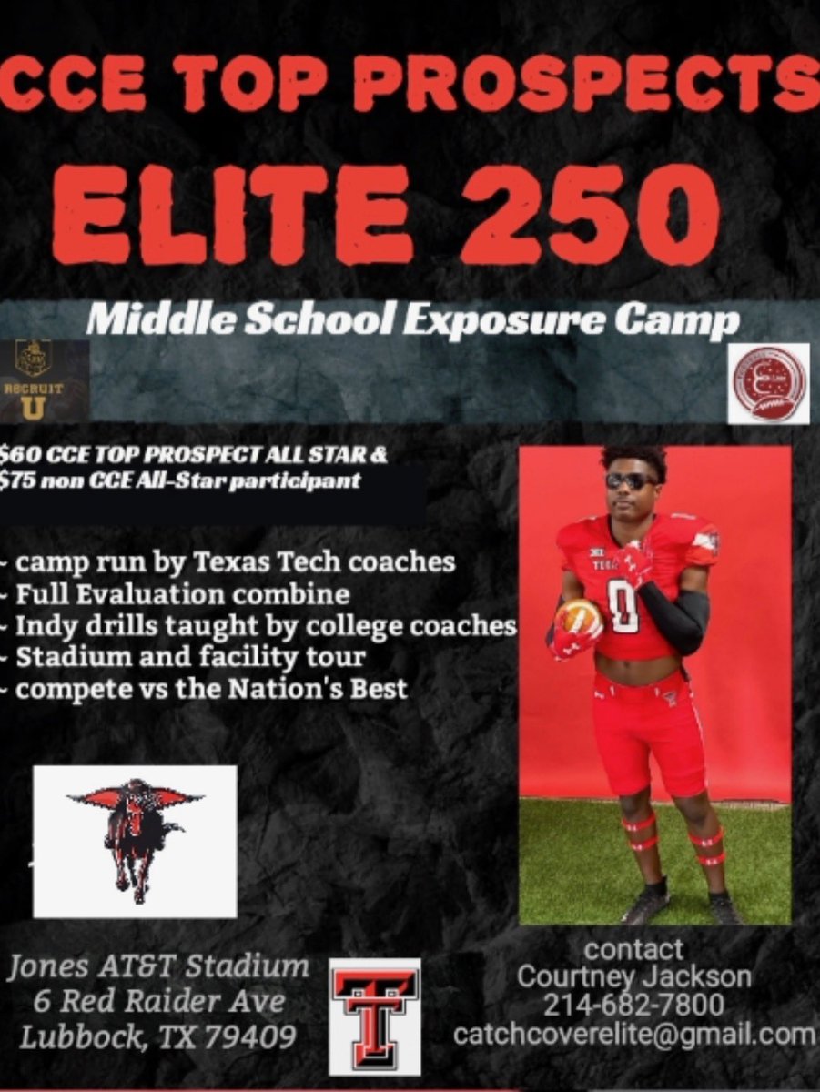 I will be attending the CCE Top Prospects Camp At Texas Tech! #RedRaiders <a href="/catch_cover/">Catch Cover Elite</a> <a href="/RecruitTheHill1/">Recruit The Hill</a> <a href="/TheCoachNWard/">Nick Ward</a> <a href="/TexasTechFB/">Texas Tech Football</a> <a href="/JoeyMcGuireTTU/">Joey McGuire 🌵</a>