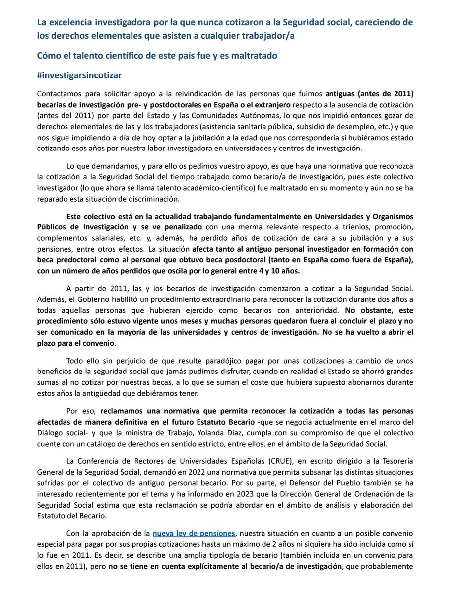 AfectadosBecasSS (@afectadosbss) on Twitter photo Enhorabuena, becarios actuales
Sale adelante el #EstatutoDelBecario
Pero sigue sin resolverse el agravio de los (FALSOS⚠️) becarios pre- y posdoctorales de investigación anteriores a 2011
#NoEraUnaBecaEraUnTrabajo
#BecariosSinCotizar
<a href="/inclusiongob/">Ministerio Inclusión Seguridad Social Migraciones</a> <a href="/CorujoBorja/">Borja Suárez Corujo</a> <a href="/joseluisescriva/">José Luis Escrivá</a> Enhorabuena, becarios actuales
Sale adelante el #EstatutoDelBecario
Pero sigue sin resolverse el agravio de los (FALSOS⚠️) becarios pre- y posdoctorales de investigación anteriores a 2011
#NoEraUnaBecaEraUnTrabajo
#BecariosSinCotizar
<a href="/inclusiongob/">Ministerio Inclusión Seguridad Social Migraciones</a> <a href="/CorujoBorja/">Borja Suárez Corujo</a> <a href="/joseluisescriva/">José Luis Escrivá</a>
