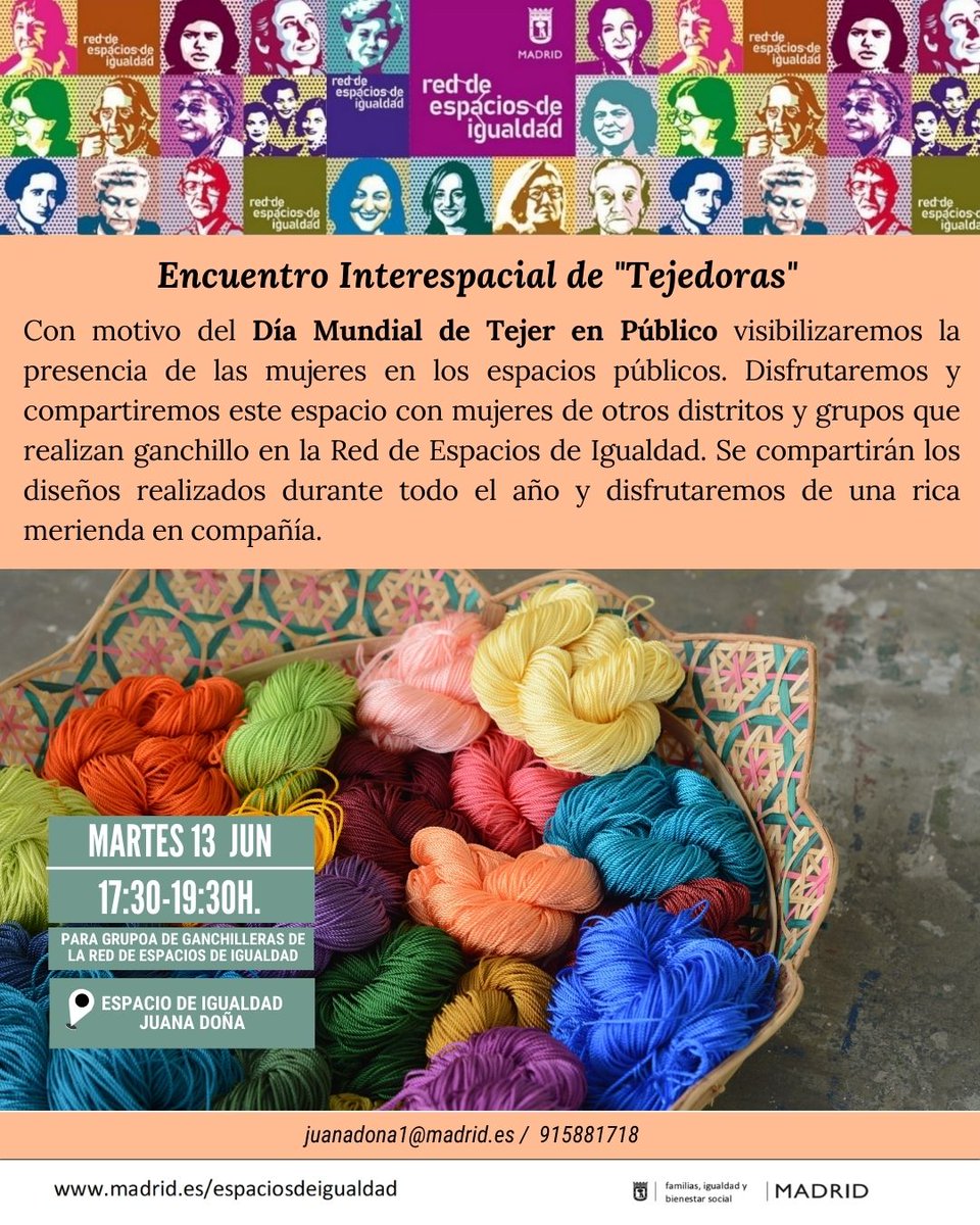 MadridIgualdad's tweet image. Tejer aprendizajes, dudas, ideas, relaciones, vínculos... alrededor de lanas y tejidos. 

En los #EspaciosdeIgualdad de @MADRID puedes encontrar grupos que se reúnen para #tejer y actividades relacionadas. 

#díamundialdetejerenpúblico #wwkipday
informate.madrid.es/78pwf