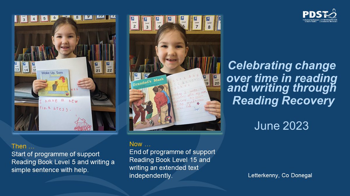 Celebrating change over time in progress as a result of #ReadingRecovery From book level 5 to book level 15 and from co-construction to independent writing. #RRECelebration #Literacy <a href="/uclnews/">UCL News</a> <a href="/PDSTLiteracy/">PDST Literacy</a>