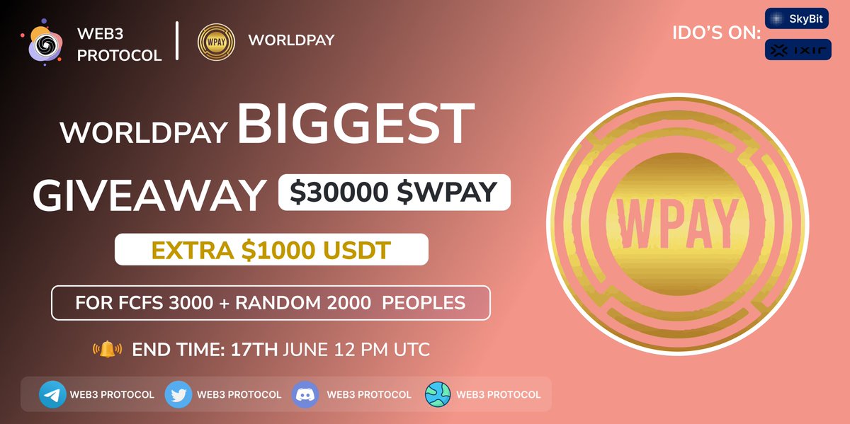 Web3 Protocol (@web3_protocol) on Twitter photo 🎉Web3 Protocol X WorldPlay Giveaway
🏆Prize Pool:- $1000 $USDT + $30000 $WPAY Reward
To Enter:-
✔️Follow <a href="/Web3_Protocol/">Web3 Protocol</a> & @TWorldpay
✔️Like and RT 3 friends
✔️Fill form :- tinyurl.com/yxynw5rj
#Airdrop #Giveaway #Giveaways #Wpay 🎉Web3 Protocol X WorldPlay Giveaway
🏆Prize Pool:- $1000 $USDT + $30000 $WPAY Reward
To Enter:-
✔️Follow <a href="/Web3_Protocol/">Web3 Protocol</a> & @TWorldpay
✔️Like and RT 3 friends
✔️Fill form :- tinyurl.com/yxynw5rj
#Airdrop #Giveaway #Giveaways #Wpay