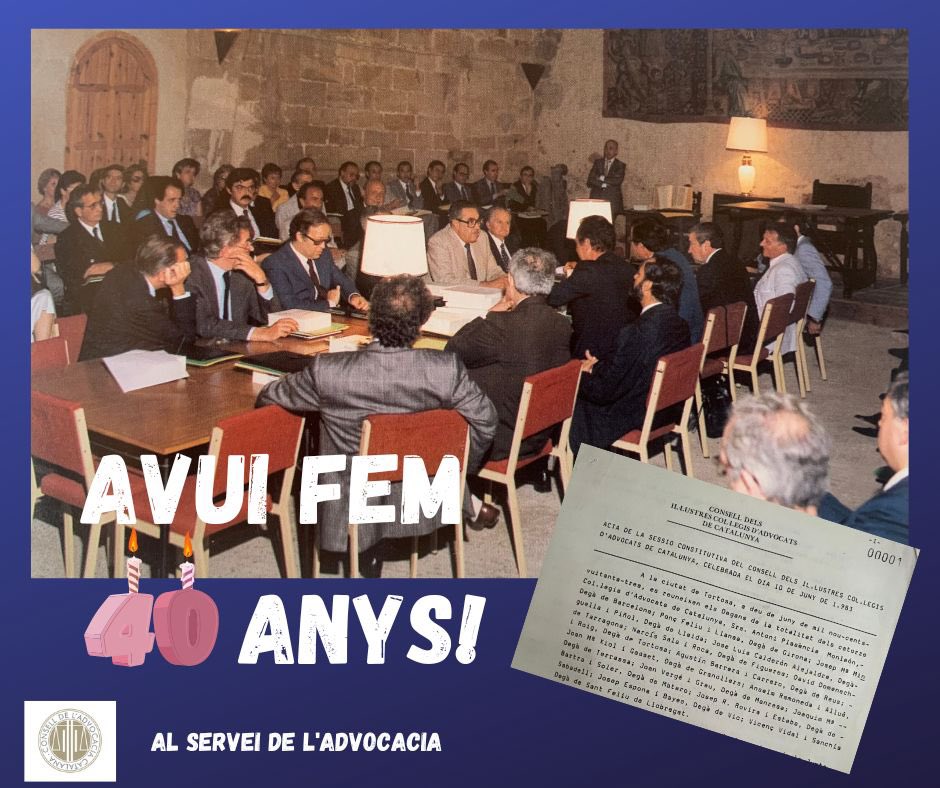 🎂 Avui fem 40 anys!
Sempre al servei de l’advocacia!
Felicitats i gràcies!
<a href="/ICABarcelona/">ICAB · Advocacia Barcelona</a> 
<a href="/ICATTarragona/">ICA Tarragona</a> 
<a href="/AdvocaciaLleida/">Advocacia de Lleida</a> 
<a href="/icagirona/">ICAG</a> 
<a href="/icafigueres/">ICAFI • Advocacia Figueres</a> 
<a href="/Ica_Mataro/">Icamat (Advocacia Mataró)</a> 
<a href="/icavor/">Icavor</a> 
<a href="/ICATERadvocats/">Advocats Terrassa</a> 
<a href="/icasbd/">Advocacia Sabadell</a> 
<a href="/advocatsvic/">ICAVIC</a> 
<a href="/ICAMANRESA/">ICAManresa</a> 
<a href="/AdvocaciaICASF/">Advocacia Sant Feliu de Llobregat</a> 
<a href="/AdvocaciaReus/">Advocacia Reus</a> 
<a href="/ICATORTOSA/">ICAATOR</a>