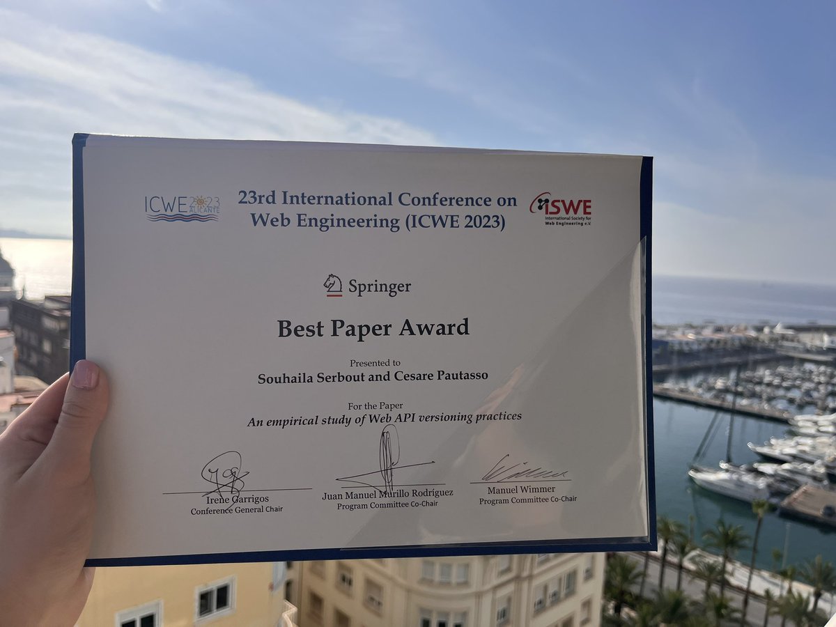 SouhailaSerbout's tweet photo. Time to head back to CH after an amazing experience presenting our paper on web API versioning (@pautasso) at @icwe2023 in Alicante☀️🏖️. Bringing back wonderful memories, heaps of inspiration from engaging discussions, a few extra pounds (oops!), and on top the #BestPaper award! https://t.co/hpLYyfgKG7