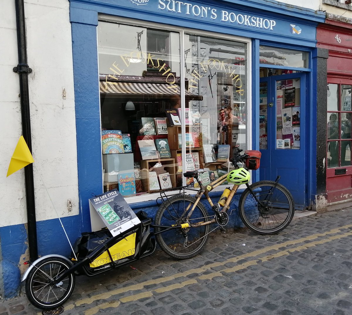 CarbonCycleKate's tweet photo. Morning #ulverston! I'll be on my way for a morning of signing books at the one &amp; only Suttons bookshop shortly..... Do join us for a glass of fizz! 🥂 @iconbooks @RKbookpublicist #TheLifeCycle #adventurecycling #SouthAmerica #biodiversity #bamboobike #writersoftwitter https://t.co/8pjodq6w5U