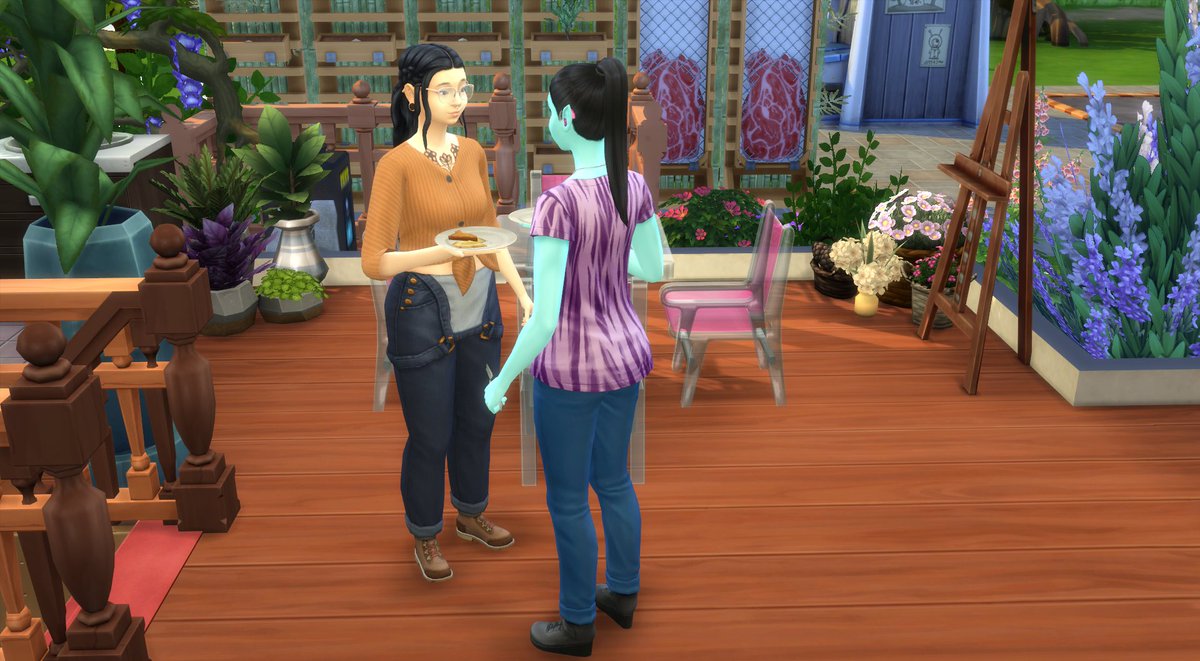 rootedphoenix's tweet photo. Hi :) So in the Sims 4, my sim pulled off a synchronized eating moment with Tina Tinker.

I may have caught Tina mid-chew...! lol The picture angle and lighting is probably not perfect.

(Fair warning: These are screenshots. <3 )

(Are they both mid-chew? Can't tell.) https://t.co/mU39NighvZ