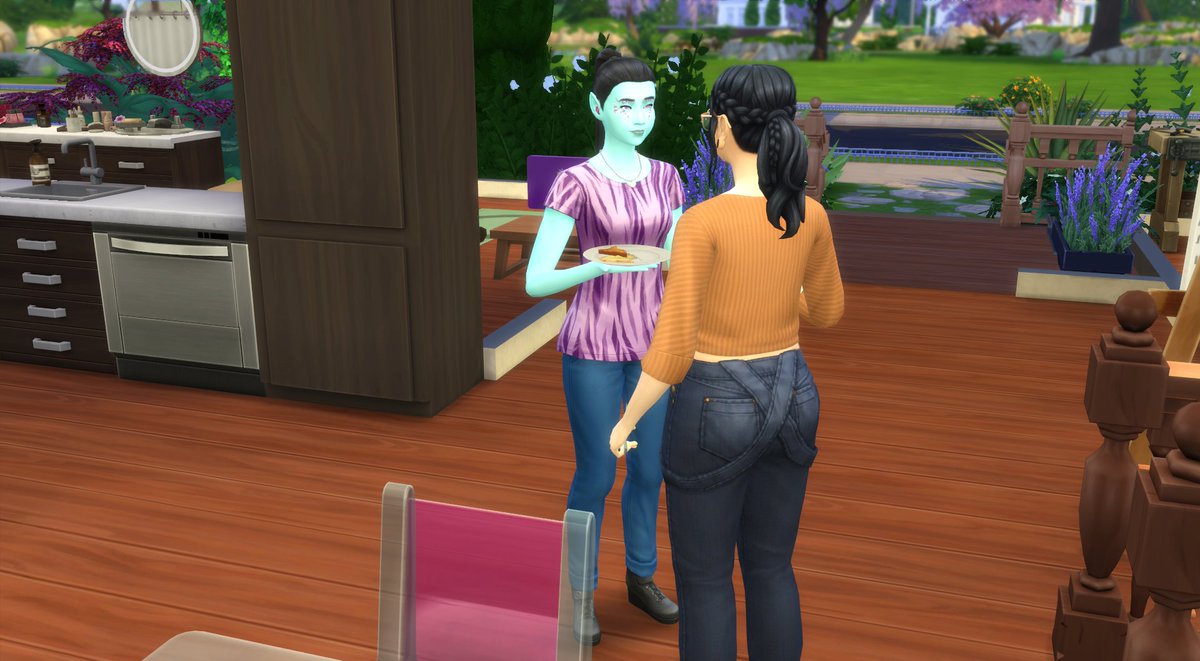 rootedphoenix's tweet photo. Hi :) So in the Sims 4, my sim pulled off a synchronized eating moment with Tina Tinker.

I may have caught Tina mid-chew...! lol The picture angle and lighting is probably not perfect.

(Fair warning: These are screenshots. <3 )

(Are they both mid-chew? Can't tell.) https://t.co/mU39NighvZ